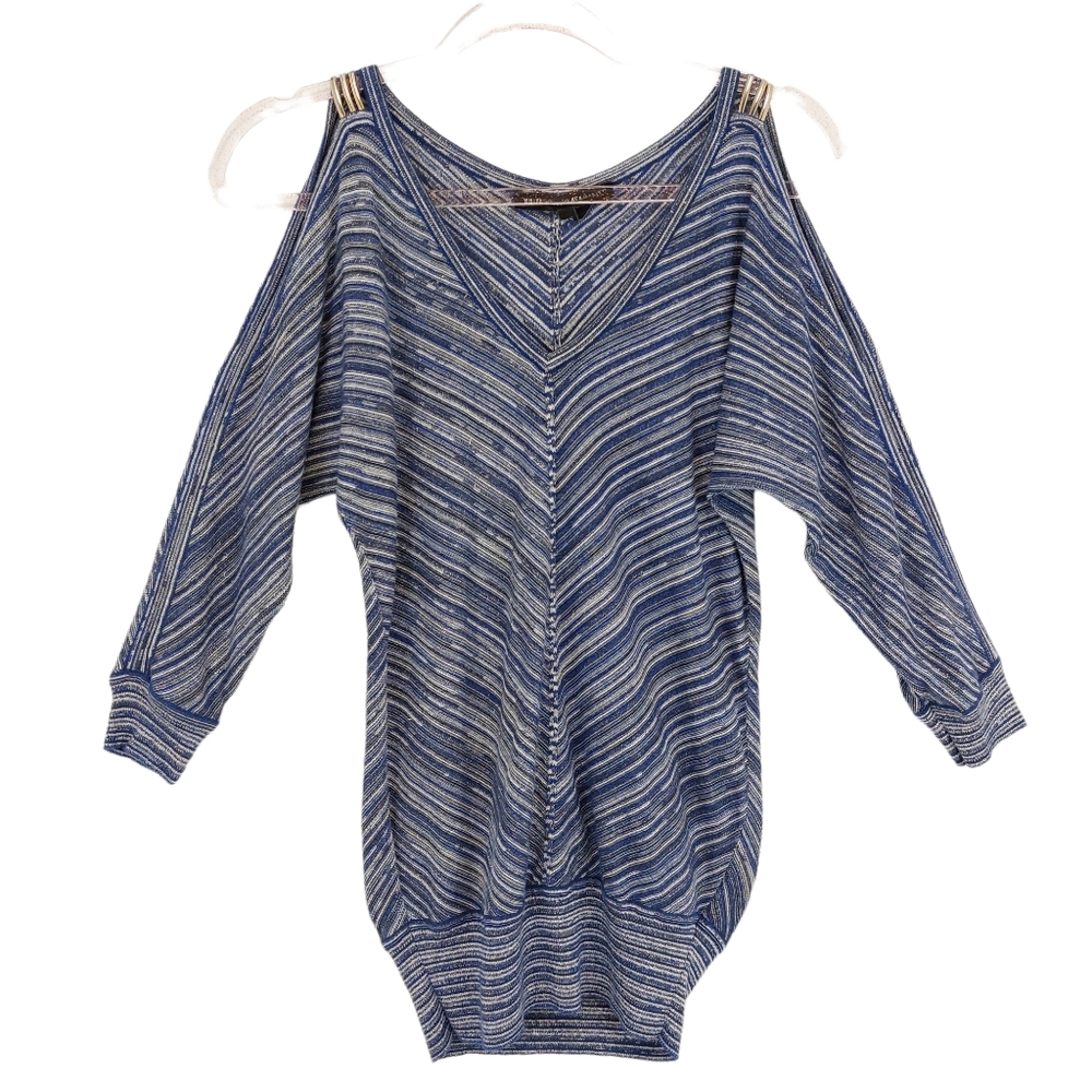 Cotton Rayon Knit Pinstripe Herringbone Chevron Off Shoulder Sweater Pullove